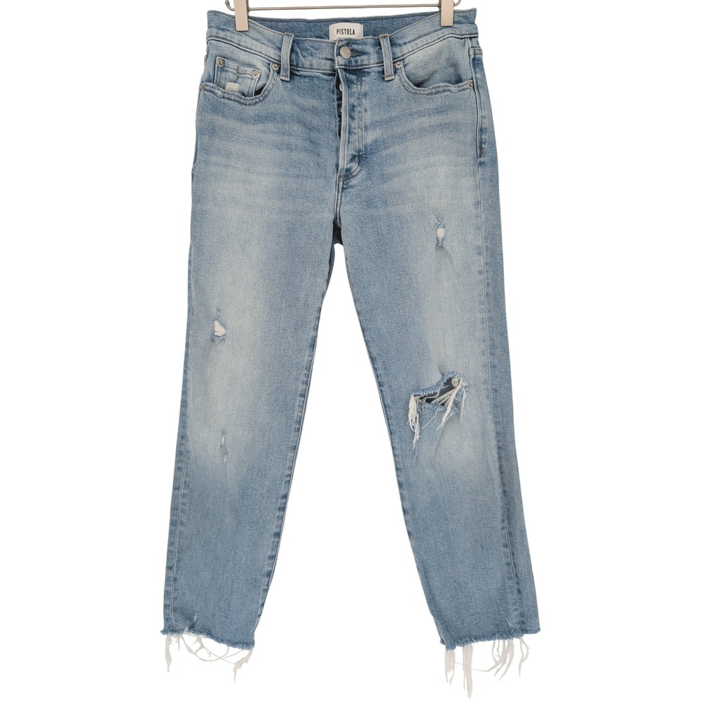 Pistola Jeans Women 28 Light Blue Distressed High Rise Button Fly Raw Hem Boho